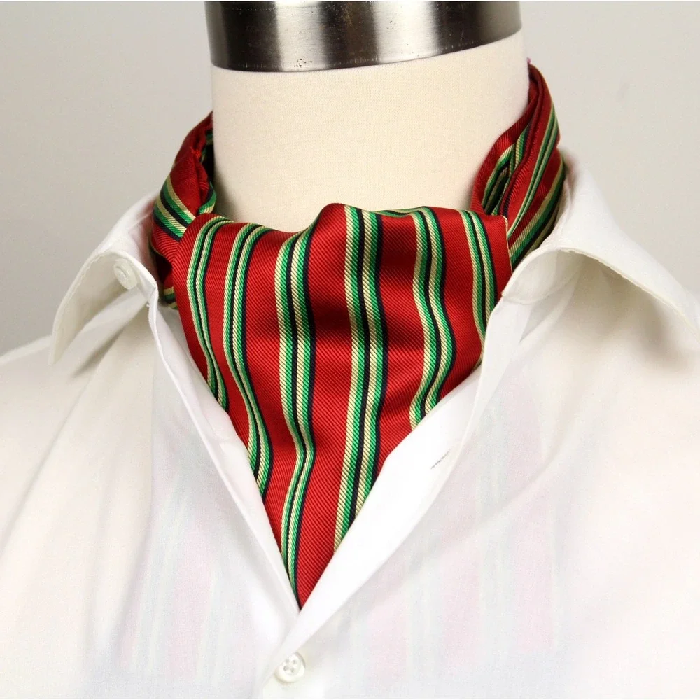 Camellucci Men's 100% Silk‎ Ascot Cravat LUXURY Striped Red Green Block